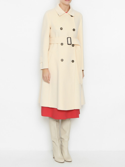 Двубортное пальто из шерсти с карманами и поясом Weekend Max Mara - МодельВерхНиз